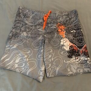 Ed Hardy Board Shorts Mens XL‎ Gray Tiger Flame Swim Trunks Drawstring DS0897
